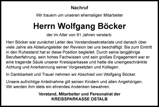 Traueranzeige von Wolfgang Böcker von Schwäbische Post