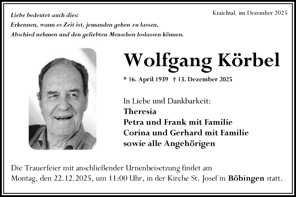  Traueranzeige für Wolfgang Körbel vom 18.12.2025 aus Gmünder Tagespost