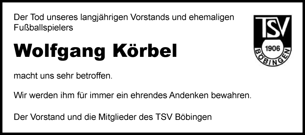  Traueranzeige für Wolfgang Körbel vom 20.12.2025 aus Gmünder Tagespost