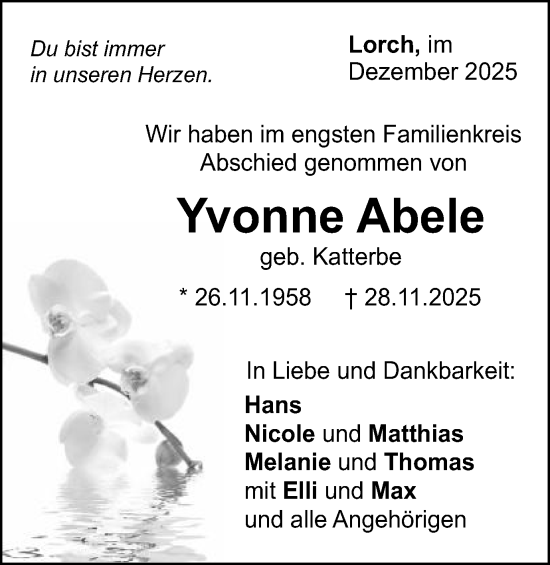 Traueranzeige von Yvonne Abele von Gmünder Tagespost