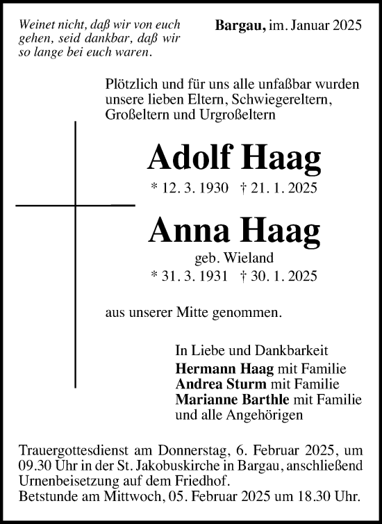 Traueranzeige von Adolf Haag von Gmünder Tagespost
