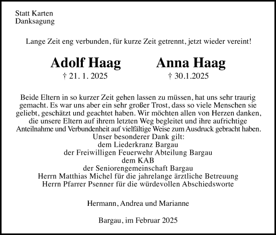 Traueranzeige von Adolf und Anna Haag von Gmünder Tagespost