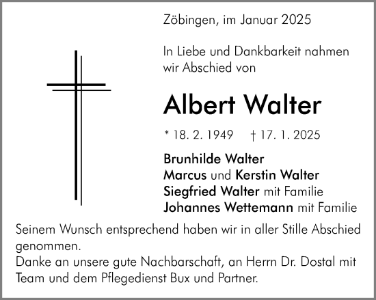 Traueranzeige von Albert Walter von Schwäbische Post