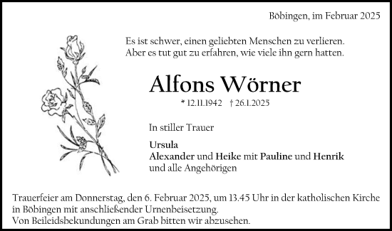 Traueranzeige von Alfons Wörner von Gmünder Tagespost