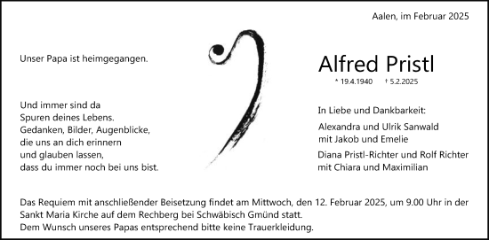 Traueranzeige von Alfred Pristl von Schwäbische Post