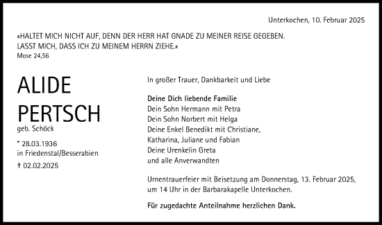 Traueranzeige von Alide Pertsch von Schwäbische Post