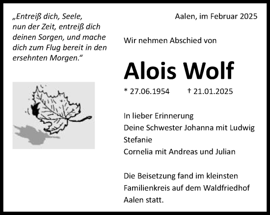 Traueranzeige von Alois Wolf von Schwäbische Post