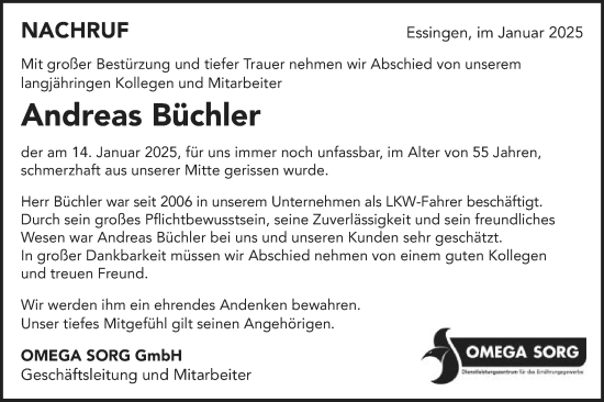 Traueranzeige von Andreas Büchler von Schwäbische Post