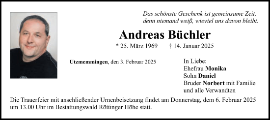 Traueranzeige von Andreas Büchler von Schwäbische Post