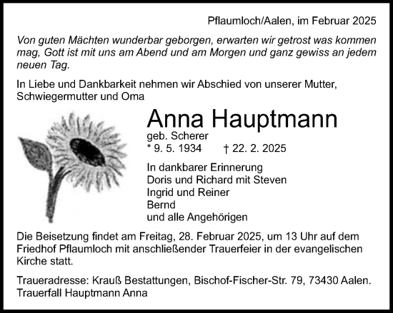 Traueranzeige von Anna Hauptmann von Schwäbische Post