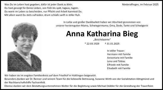 Traueranzeige von Anna Katharina Bieg von Schwäbische Post