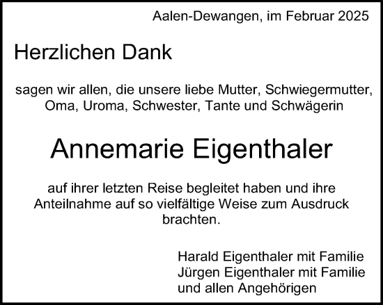 Traueranzeige von Annemarie Eigenthaler von Schwäbische Post