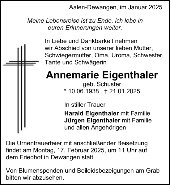 Traueranzeige von Annemarie Eigenthaler von Schwäbische Post