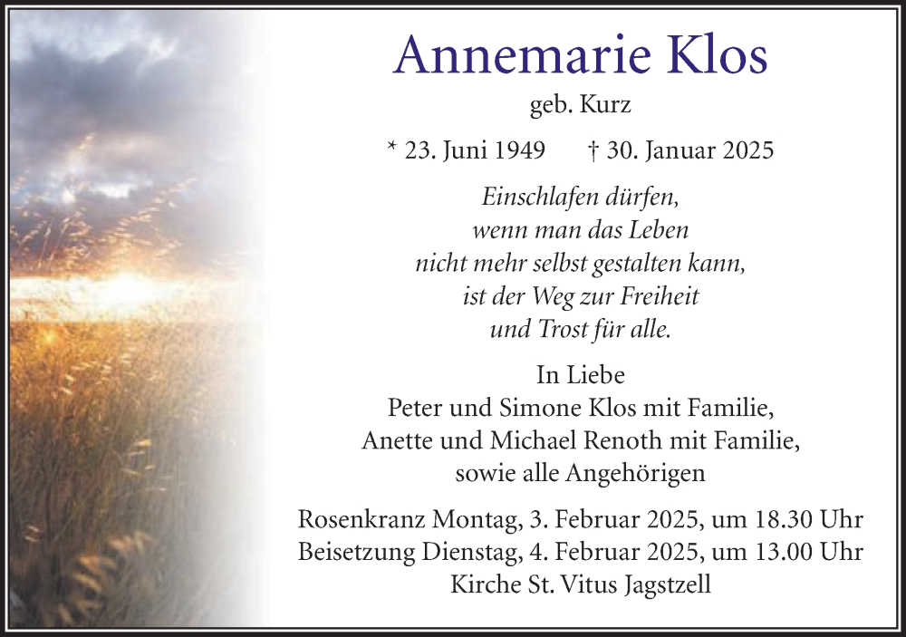  Traueranzeige für Annemarie Klos vom 01.02.2025 aus Schwäbische Post