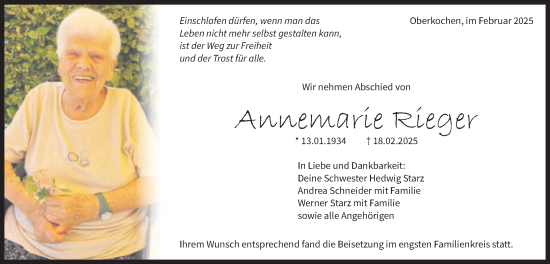Traueranzeige von Annemarie Rieger von Schwäbische Post