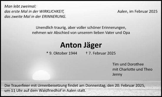 Traueranzeige von Anton Jäger von Schwäbische Post