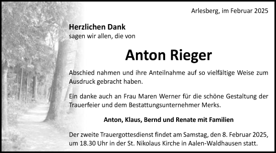 Traueranzeige von Anton Rieger von Schwäbische Post