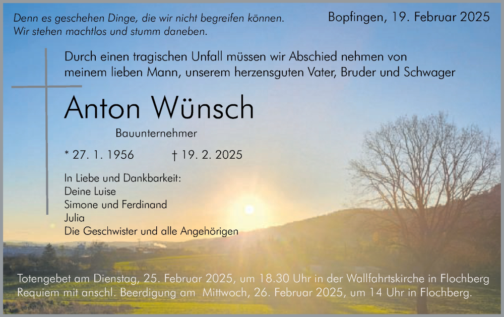  Traueranzeige für Anton Wünsch vom 22.02.2025 aus Schwäbische Post