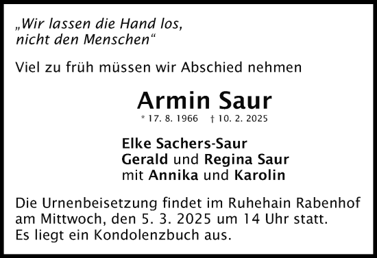Traueranzeige von Armin Saur von Schwäbische Post