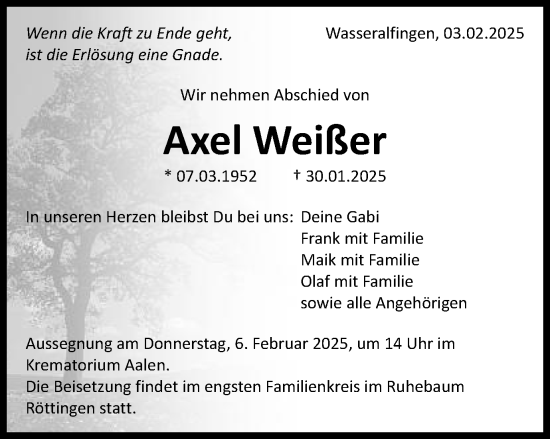 Traueranzeige von Axel Weißer von Schwäbische Post