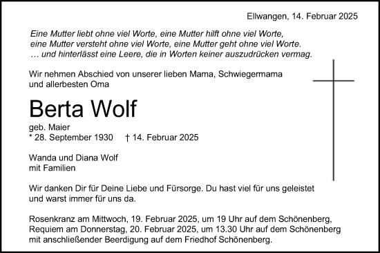 Traueranzeige von Berta Wolf von Schwäbische Post