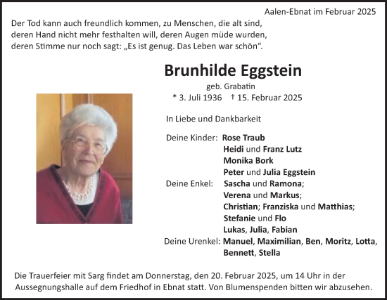 Traueranzeige von Brunhilde Eggstein von Schwäbische Post