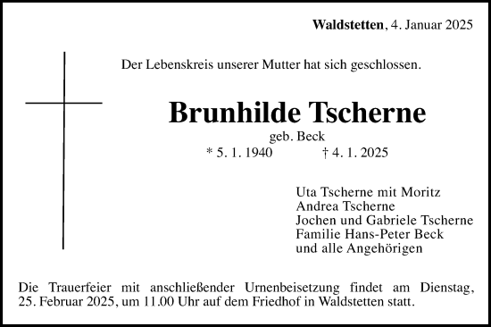 Traueranzeige von Brunhilde Tscherne von Gmünder Tagespost