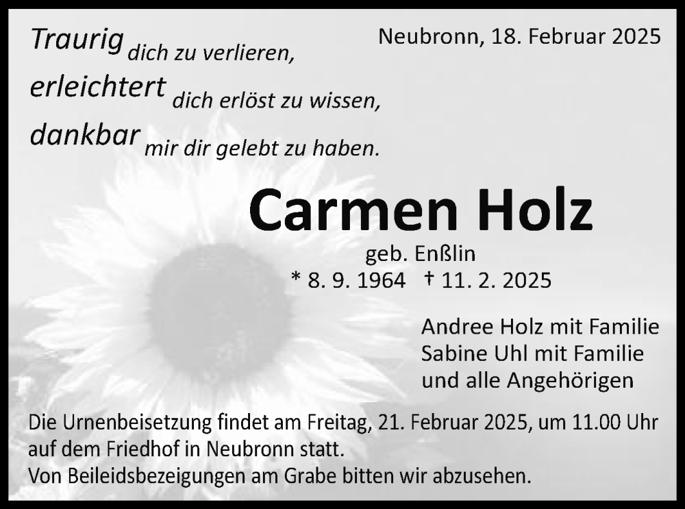  Traueranzeige für Carmen Holz vom 18.02.2025 aus Schwäbische Post