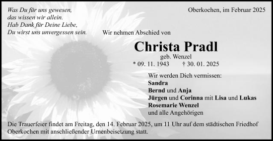 Traueranzeige von Christa Pradl von Schwäbische Post