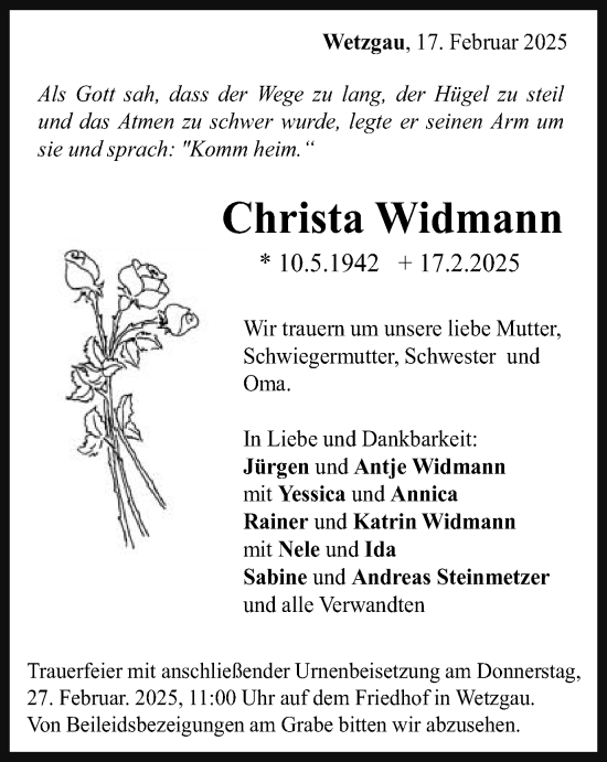 Traueranzeige von Christa Widmann von Gmünder Tagespost