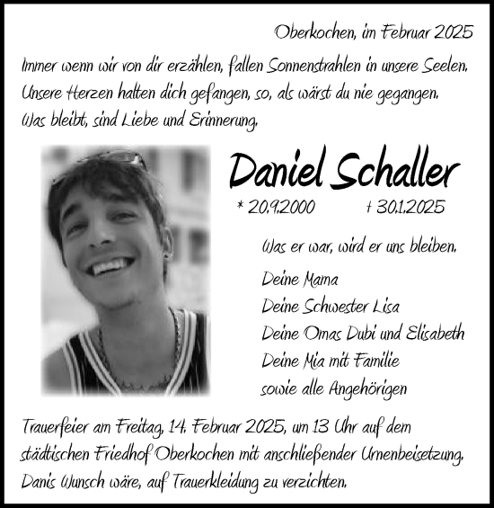Traueranzeige von Daniel Schaller von Schwäbische Post