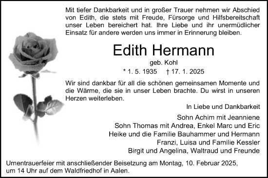 Traueranzeige von Edith Hermann von Schwäbische Post
