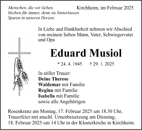 Traueranzeige von Eduard Musiol von Schwäbische Post