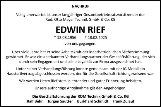Traueranzeige von Edwin Rief von Schwäbische Post