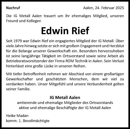 Traueranzeige von Edwin Rief von Schwäbische Post