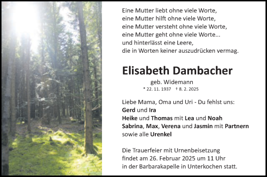 Traueranzeige von Elisabeth Dambacher von Schwäbische Post