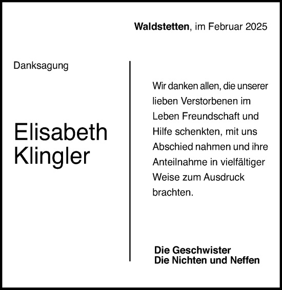 Traueranzeige von Elisabeth Klingler von Gmünder Tagespost