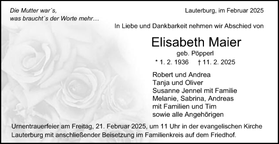 Traueranzeige von Elisabeth Maier von Schwäbische Post