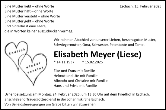 Traueranzeige von Elisabeth Meyer von Gmünder Tagespost