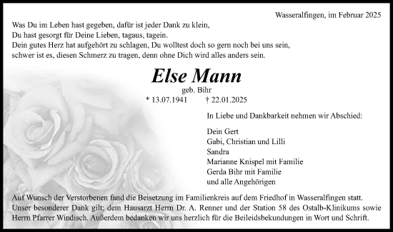 Traueranzeige von Else Mann von Schwäbische Post