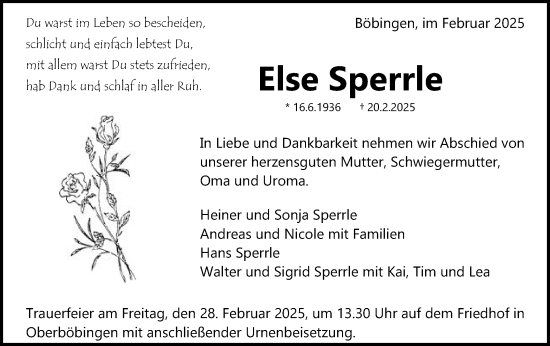 Traueranzeige von Else Sperrle von Gmünder Tagespost