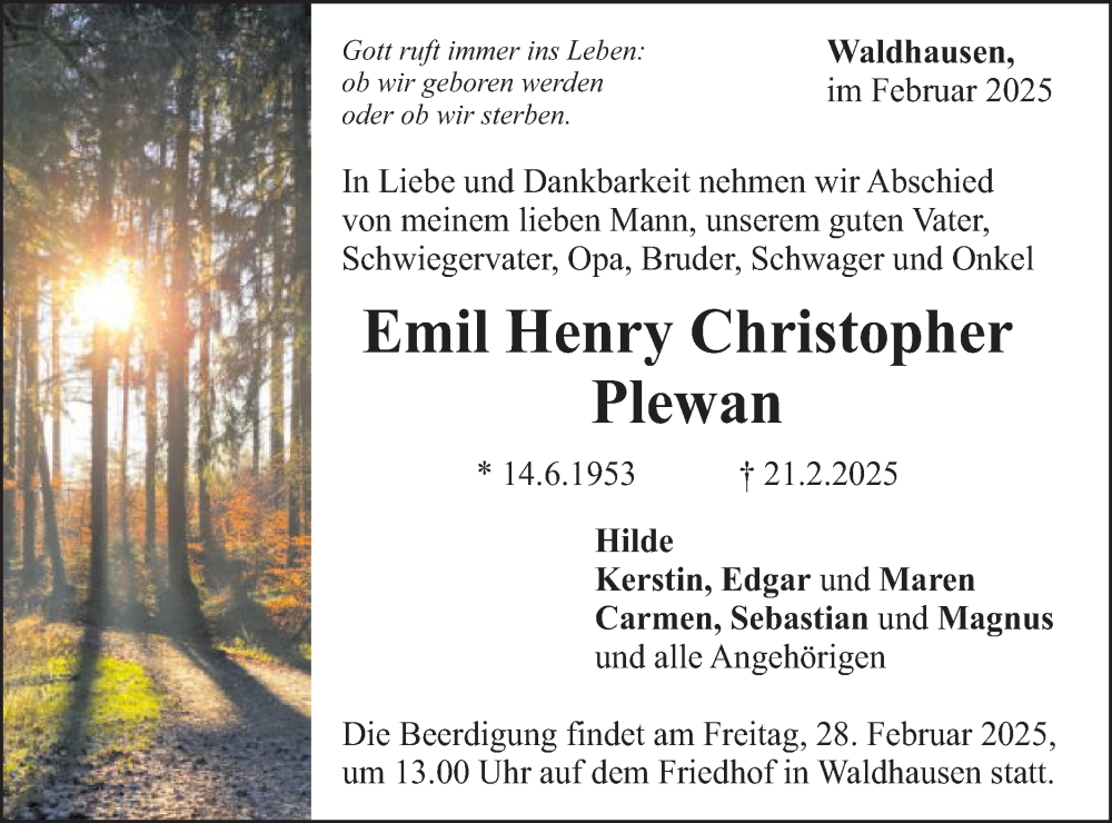  Traueranzeige für Emil Henry Christopher Plewan vom 25.02.2025 aus Gmünder Tagespost