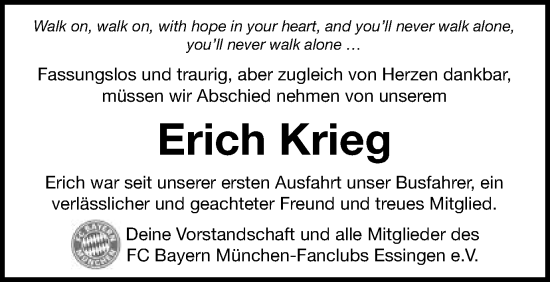 Traueranzeige von Erich Krieg von Schwäbische Post