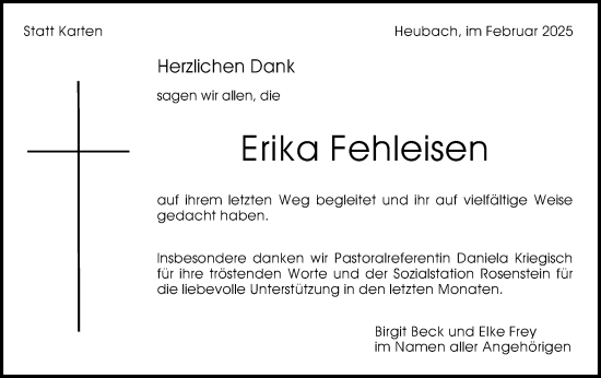 Traueranzeige von Erika Fehleisen von Gmünder Tagespost