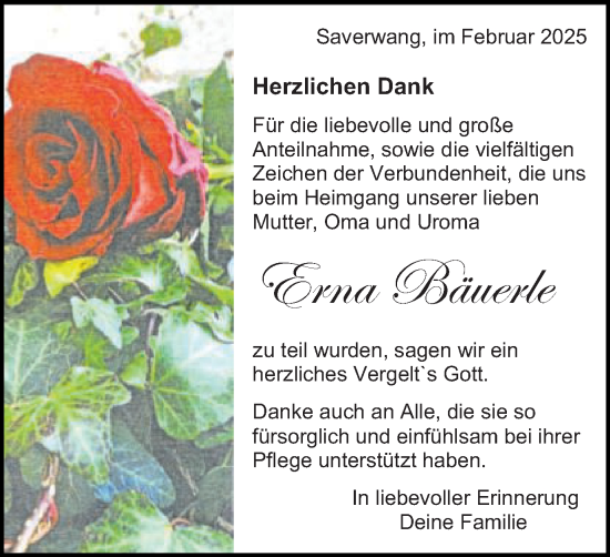 Traueranzeige von Erna Bäuerle von Schwäbische Post