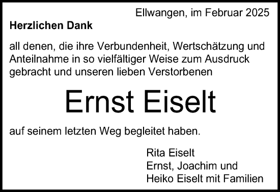 Traueranzeige von Ernst Eiselt von Schwäbische Post