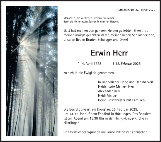 Traueranzeige von Erwin Herr von Schwäbische Post