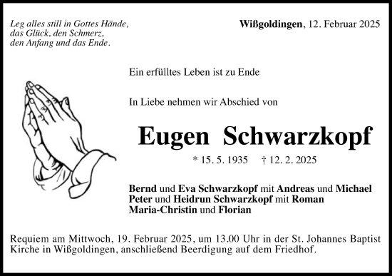 Traueranzeige von Eugen Schwarzkopf von Gmünder Tagespost