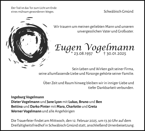 Traueranzeige von Eugen Vogelmann von Gmünder Tagespost