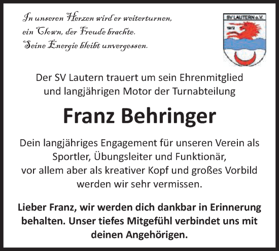 Traueranzeige von Franz Behringer von Gmünder Tagespost